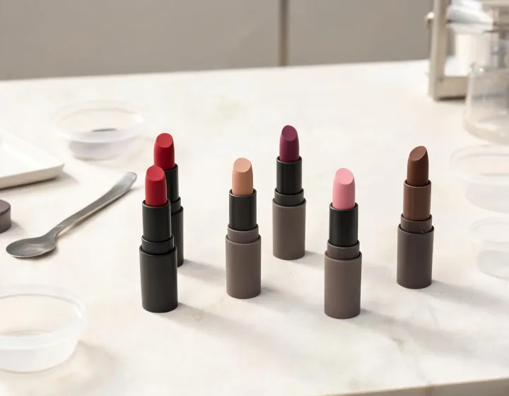matte lipstick on a cosmetics bench, illustration only
