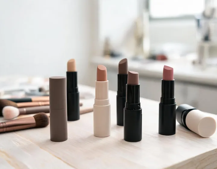 nude matte lipstick on a cosmetics bench, illustration only