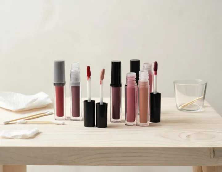 liquid matte lipstick on a cosmetics bench, illustration only