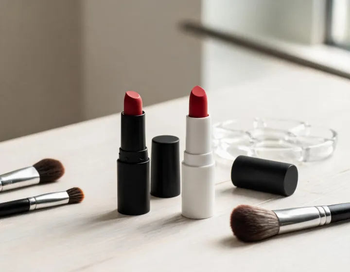 red matte lipstick on a cosmetics bench, illustration only